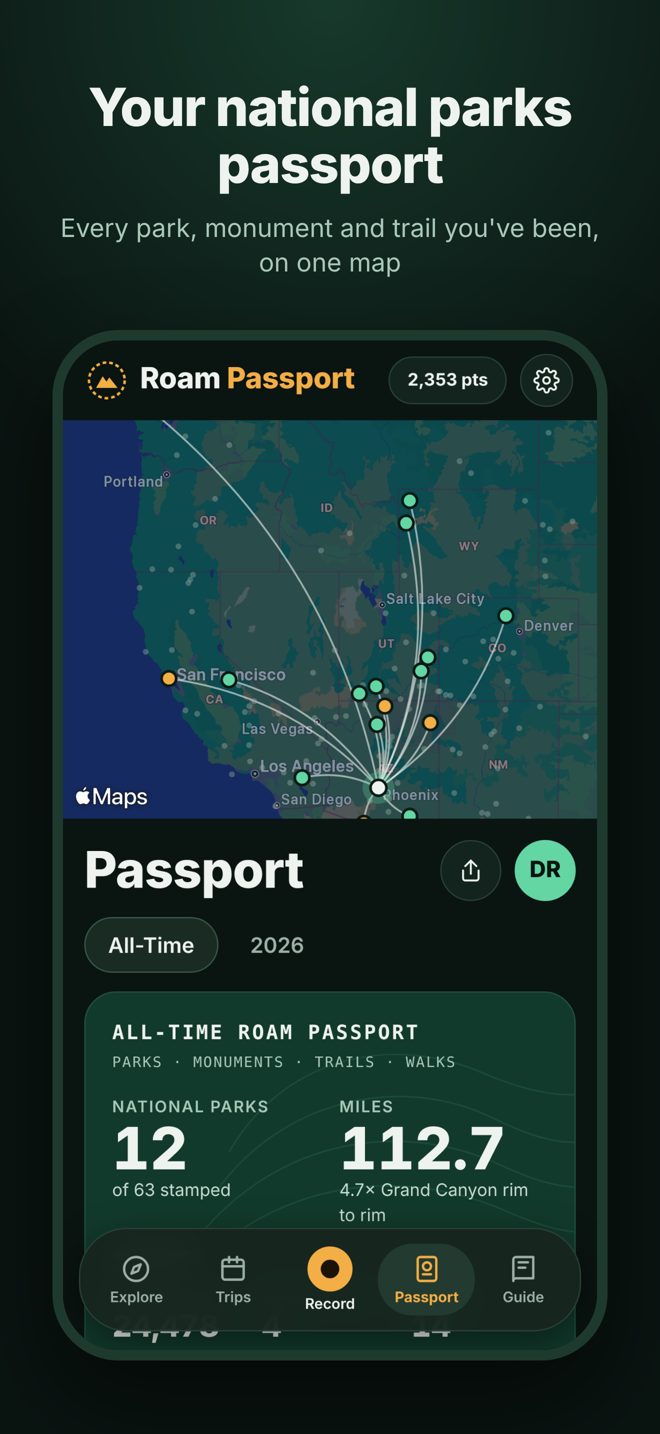 Roam Passport app showing a passport with 12 national parks stamped